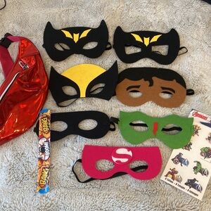 NWOT superhero bundle of masks, tattoos, slap bracelets Fanny pack